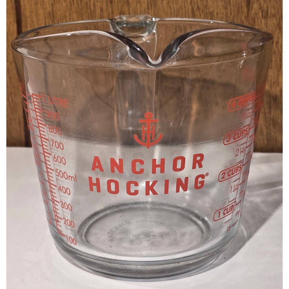 Anchor Hocking 4 Cup Glass Measuring Cup Red Print 1 Quart 32oz USA